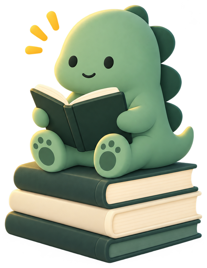 Scribo's dinosaur reading on a stack of books